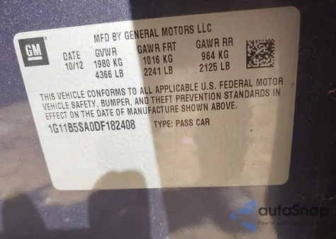 2013 Chevrolet Malibu 1Ls z USA, uszkodzony, nr VIN 1G11B5SA0DF182408